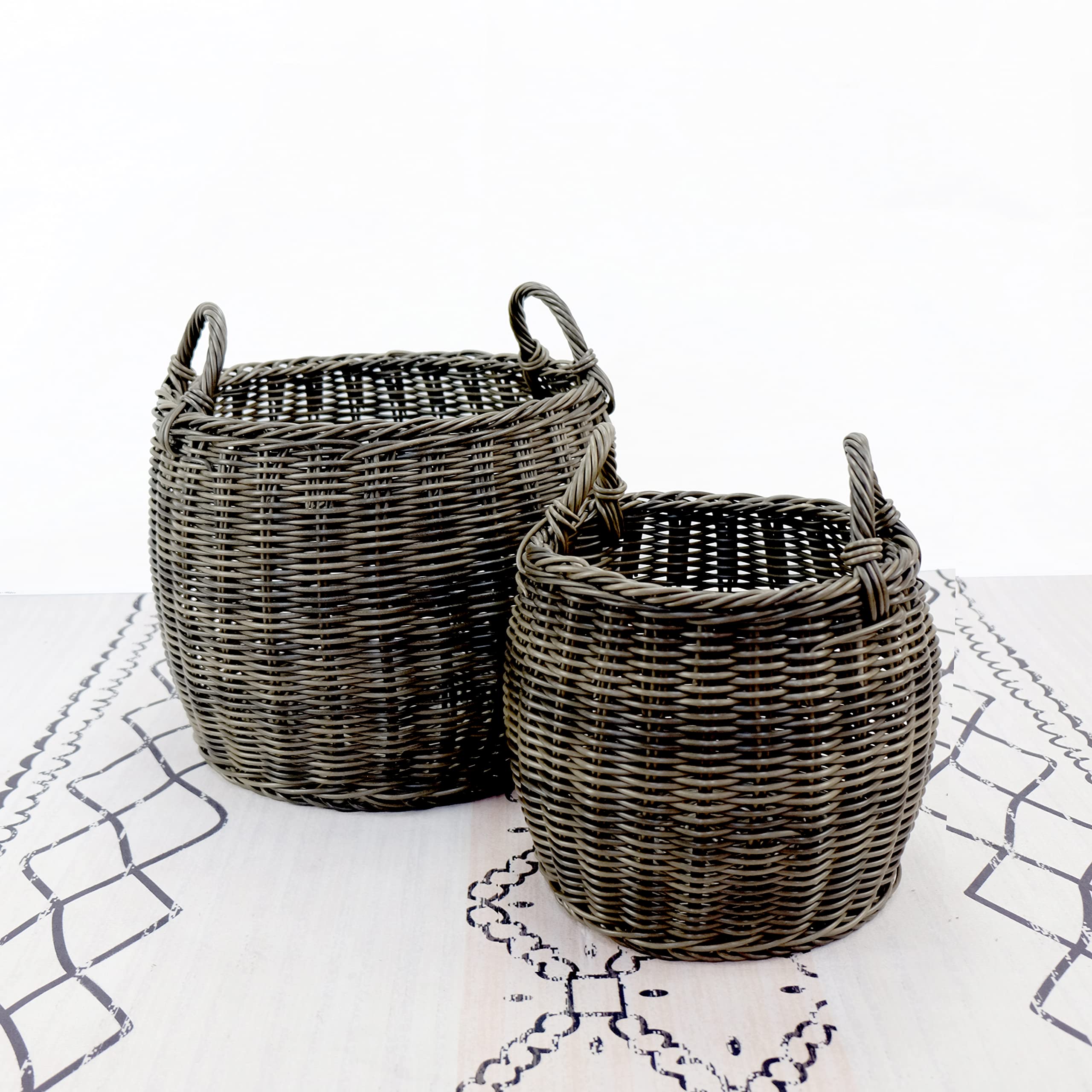 Set of 2 CATLEZA 13-inch and 16.5-inch Stackable Hand Woven Wicker Storage and Laundry Basket with Handles - Espresso