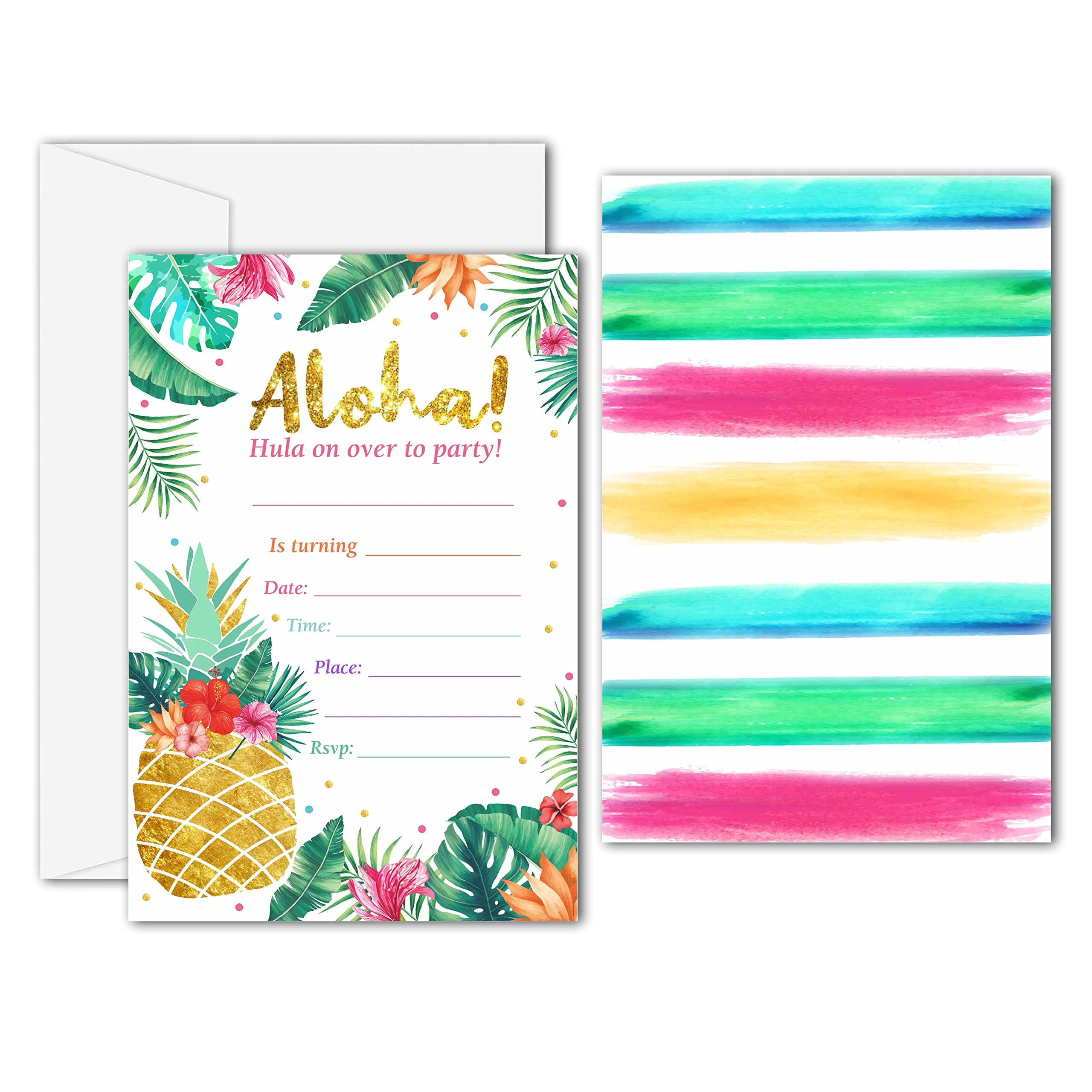 Disfuco Hawaiian Summer Pool Party Invitations, Aloha Luau Tropical Party Invitations - Fill in The Blank Birthday Party Invites - 20 Invitation Cards With 20 Envelopes (d02)