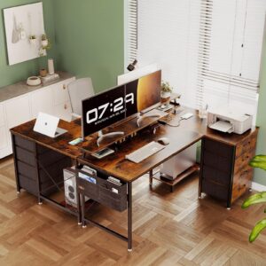 KKL 55 inch L Shaped Computer Desk with USB Charging Port & Power Outlet, L-Shaped Corner Desk with 4 Tier Drawer & Monitor Shelf for Home Office Workstation, Modern Style Writing Table, Vintage