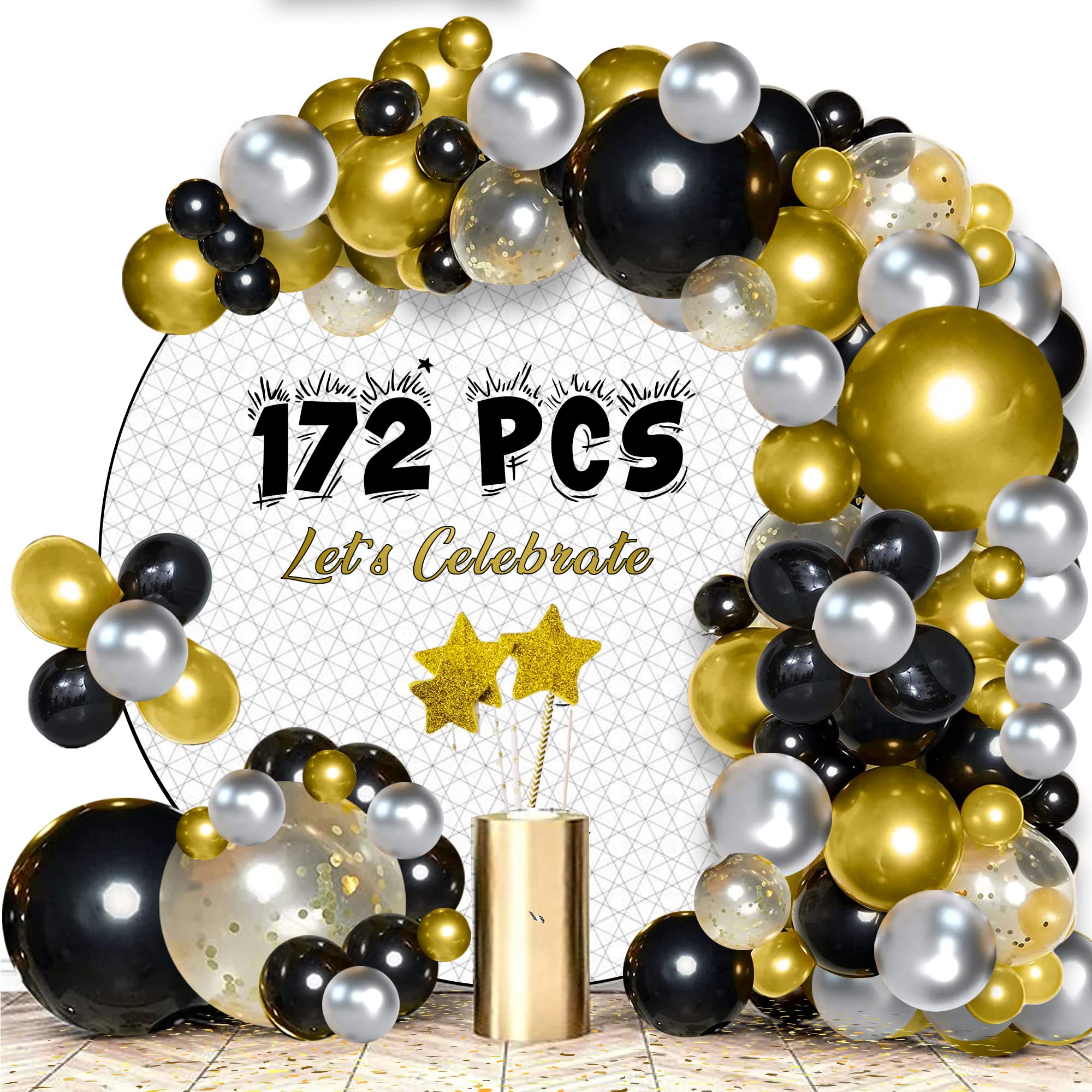 RAYTRADE Balloon Garland Arch Kit 172pcs Black and Gold Balloons Chrome Silver & Confetti Balloons for Weddings, Birthday Party, Bridal Shower, Christmas, Graduation New Year Party Decorations