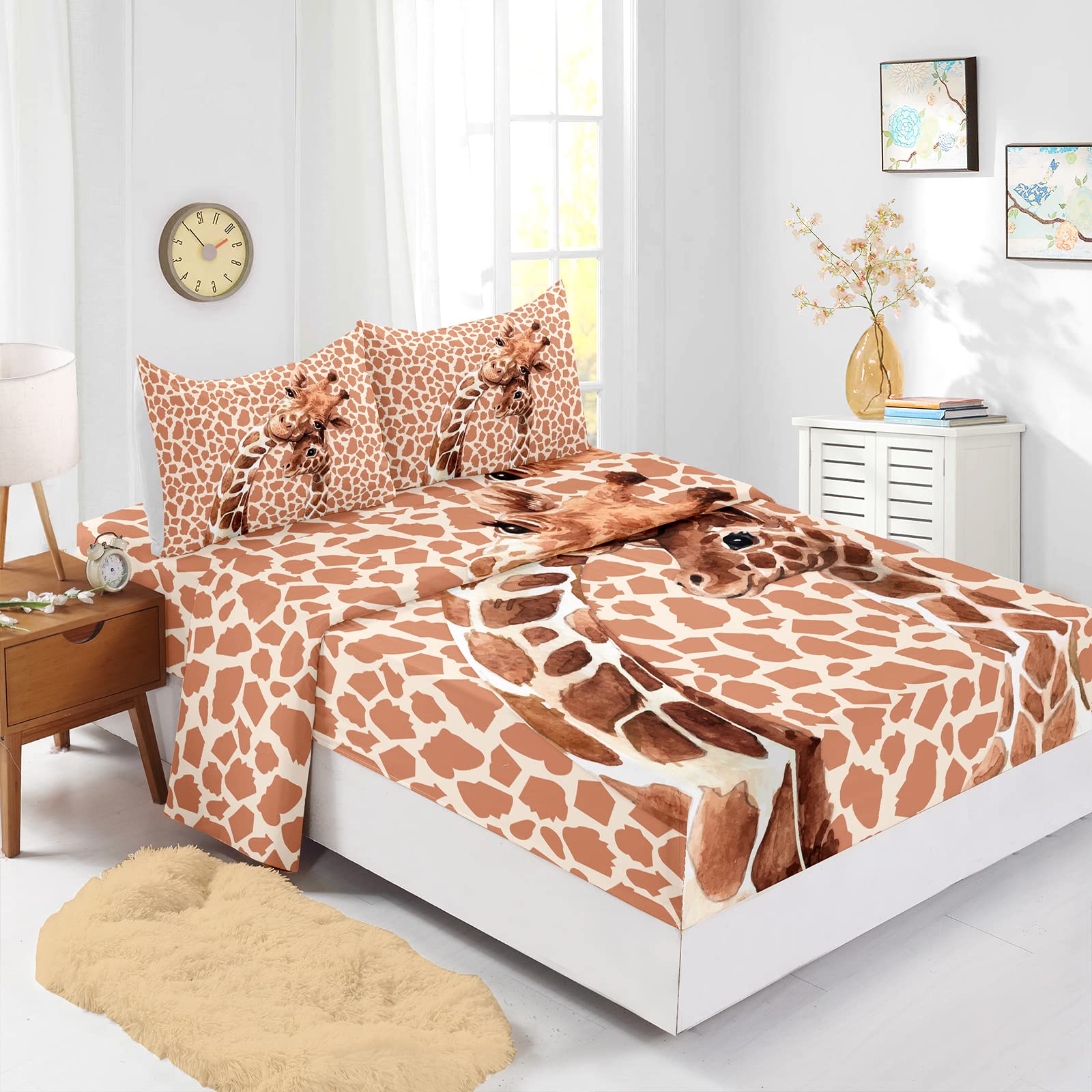 BailiPromise Cartoon Giraffe Geometric Sheets Set Full Size,Animal Print Kids Bed Sheets with Pillowcases,Bed Flat Sheet Fitted Sheet with 16" Deep Pocket, Microfiber Printed Bedding Sheets