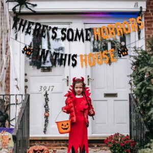 PTFNY There's Some Horrors In This House Banner Halloween Party Decorations Glittery Halloween Garland Banner with Haunted House Signs Halloween Circle Dots Banner for Haunted Houses Home Decorations