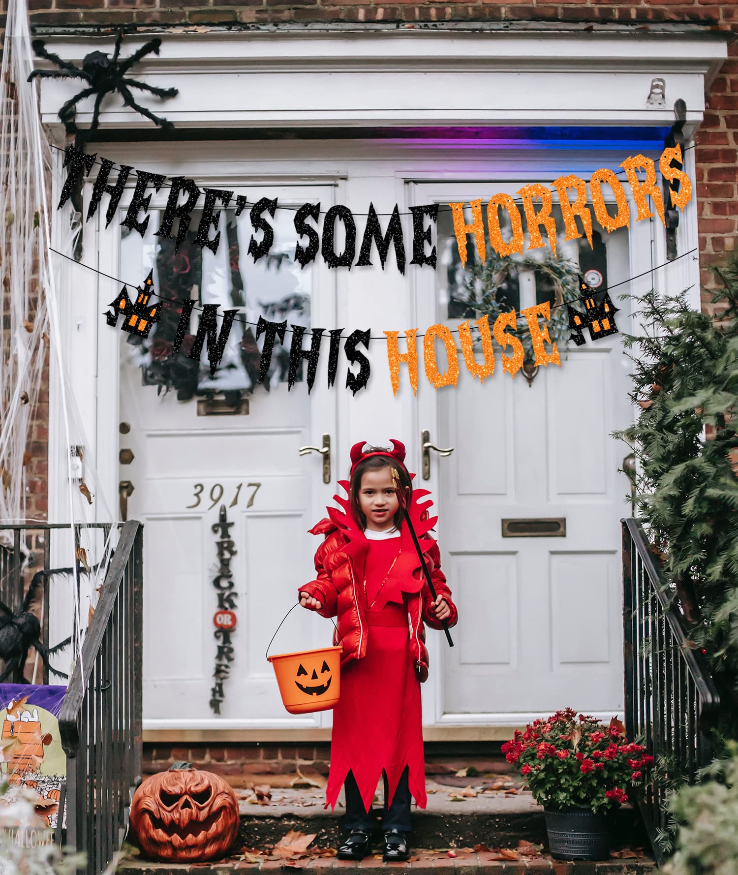 PTFNY There's Some Horrors In This House Banner Halloween Party Decorations Glittery Halloween Garland Banner with Haunted House Signs Halloween Circle Dots Banner for Haunted Houses Home Decorations