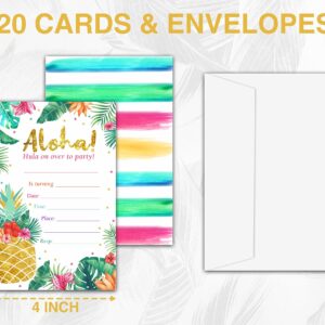 Disfuco Hawaiian Summer Pool Party Invitations, Aloha Luau Tropical Party Invitations - Fill in The Blank Birthday Party Invites - 20 Invitation Cards With 20 Envelopes (d02)