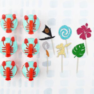 24Pcs Mo Inspired Birthday Cupcake Toppers Glitter Palm Leaf Flower Moana Cupcake Picks Hawaiian Birthday Party Decoration for Tropical Luau Summer Party Baby Shower Wedding