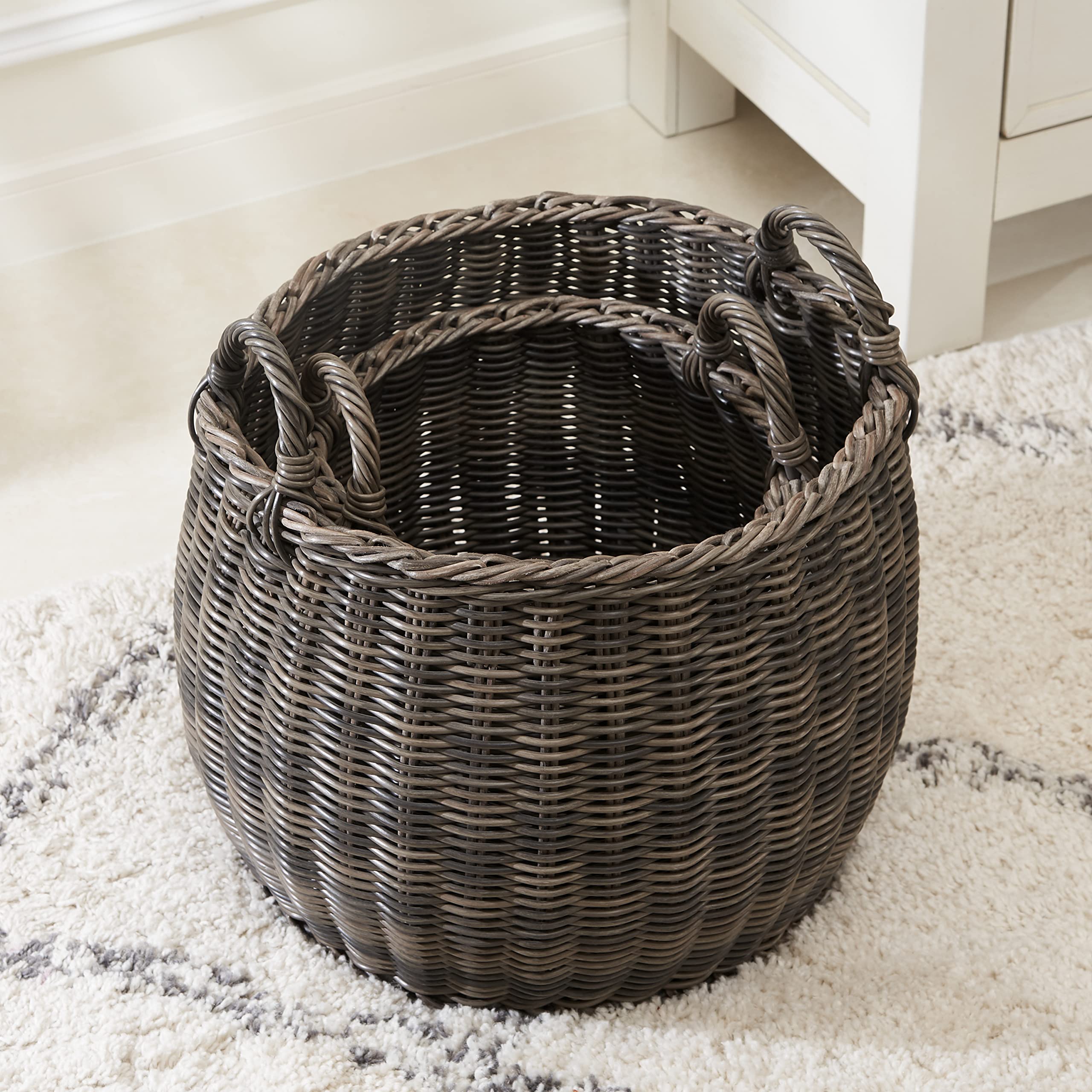 Set of 2 CATLEZA 13-inch and 16.5-inch Stackable Hand Woven Wicker Storage and Laundry Basket with Handles - Espresso