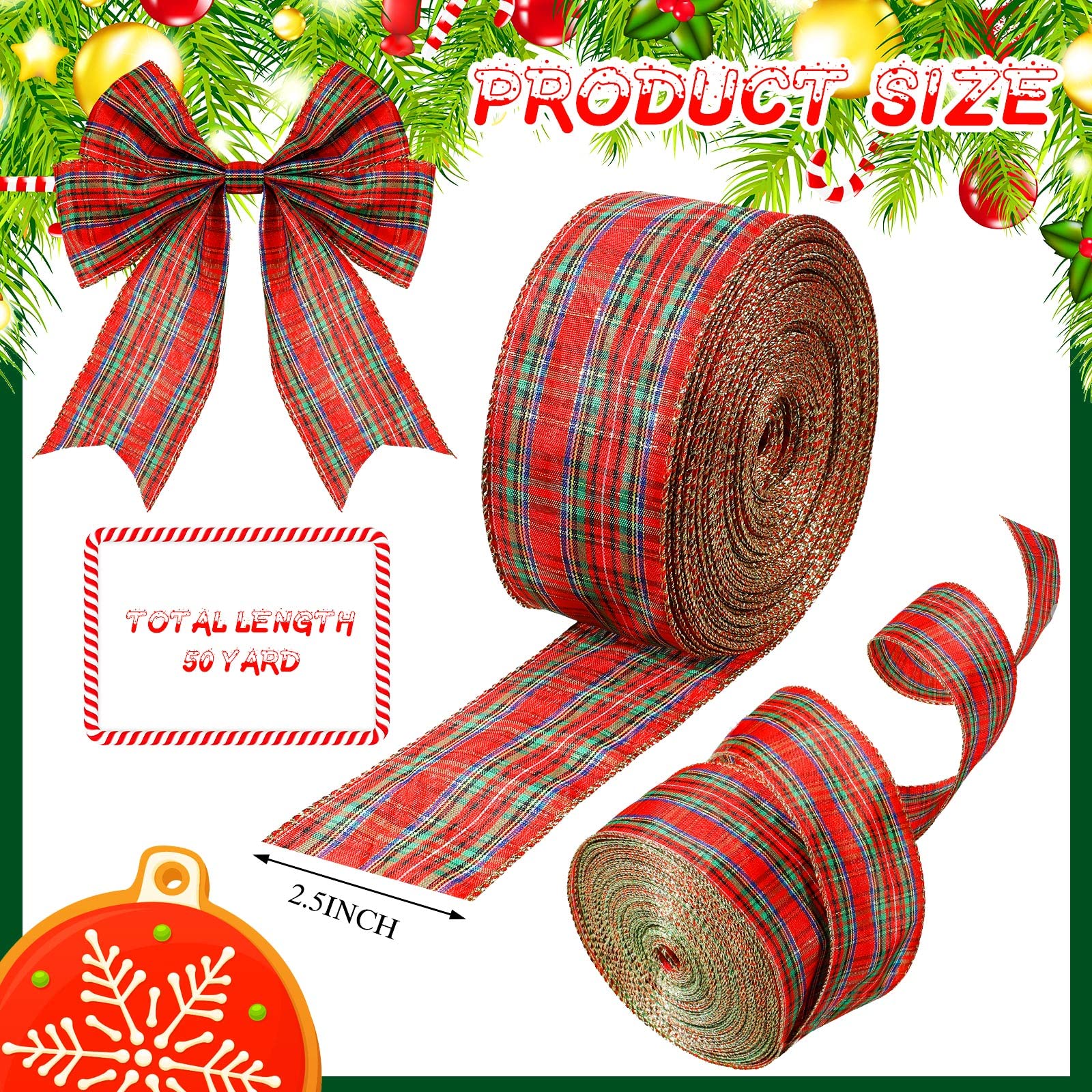 Yinder Plaid Christmas Wired Ribbon 2.5 Inches 50 Yard Traditional Red Tartan Plaid Christmas Holiday Ribbon Green Red Gold Plaid with Gold Edge for Garland Home Decor Gift Wrapping DIY Crafts