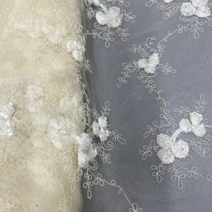 Andrea Ivory 3D Floral Matte Corded Embroidery on Mesh Lace Fabric by The Yard - 10016