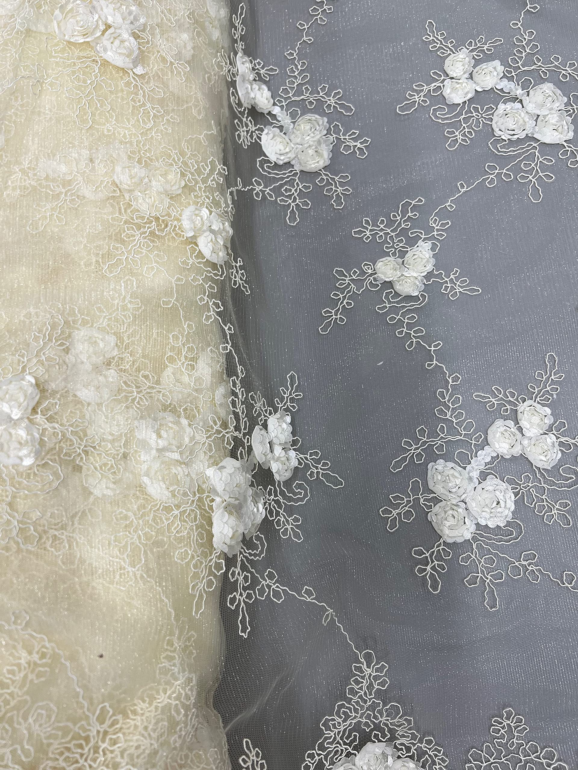 Andrea Ivory 3D Floral Matte Corded Embroidery on Mesh Lace Fabric by The Yard - 10016