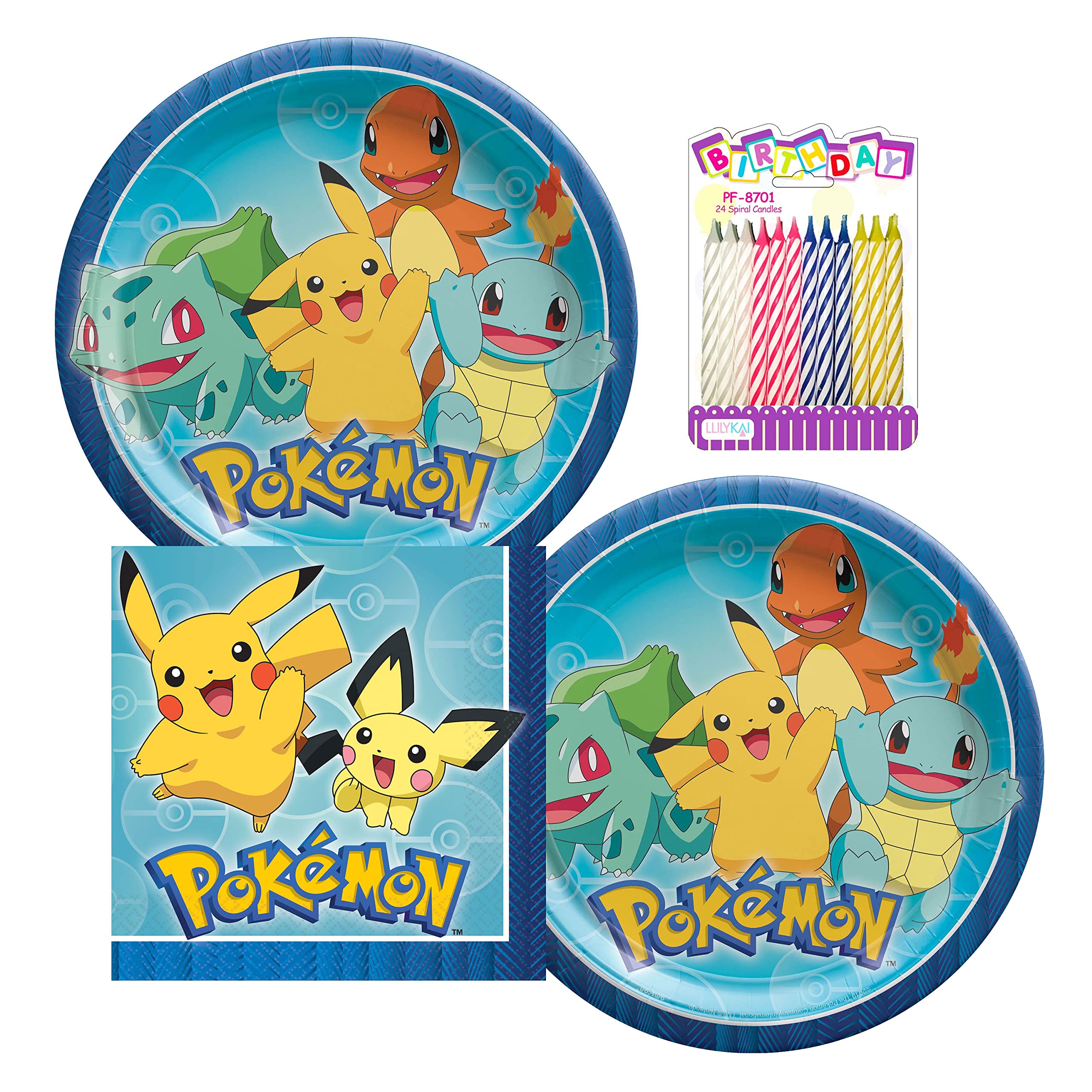 Pokémon Party Supplies Pack Serves 16: Dinner Plates and Luncheon Napkins with Birthday Candles (Bundle for 16)