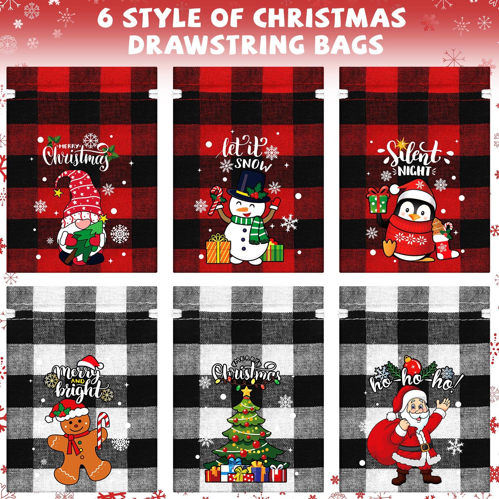 24 Pieces Gift Bags Christmas Buffalo Plaid Drawstring Bag Christmas Burlap Drawstring Bag Washable Cotton Xmas Bag for Candy Wrapper Christmas Party Favor (Bright Color, Snowman)