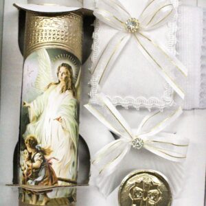 Beautiful Handmade 5pc. Angels with Kids Foil Baptism Christening Shells Candle Set Favors Girl Boy White Set de Bautizo Espanol Nina Nino Baptism Communion Lace Gift Box