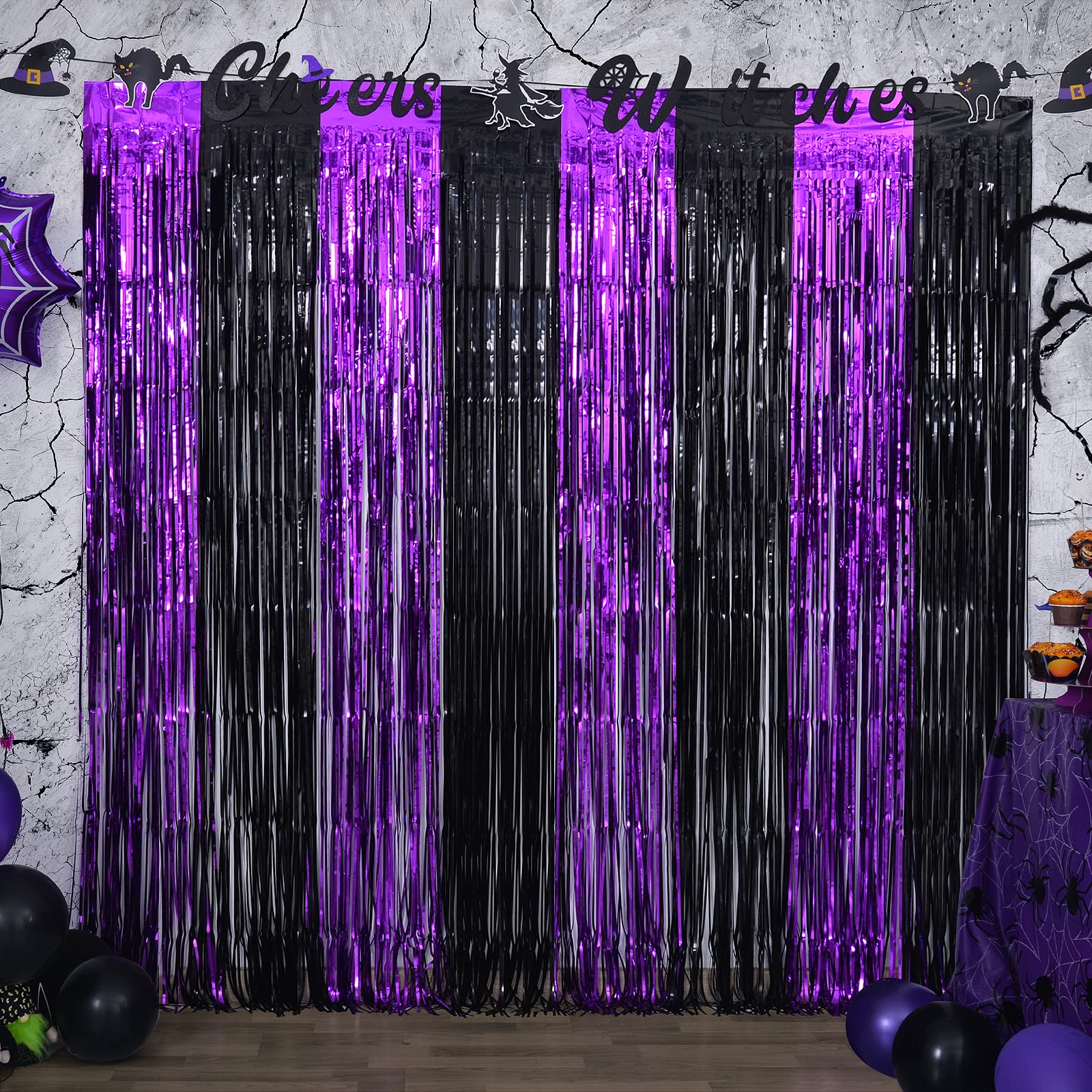 LYUBASA 3 Pack Halloween Party Decorations,Black and Purple Tinsel Foil Fringe Curtains,Halloween Theme Photo Booth Prop Streamer Backdrop Decor Indoor Outdoor Party Supplies for Birthday Anniversary