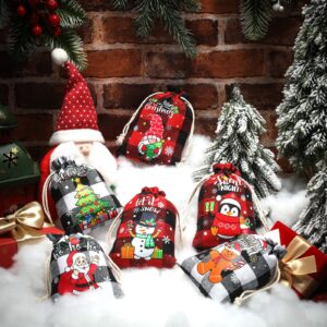 24 Pieces Gift Bags Christmas Buffalo Plaid Drawstring Bag Christmas Burlap Drawstring Bag Washable Cotton Xmas Bag for Candy Wrapper Christmas Party Favor (Bright Color, Snowman)