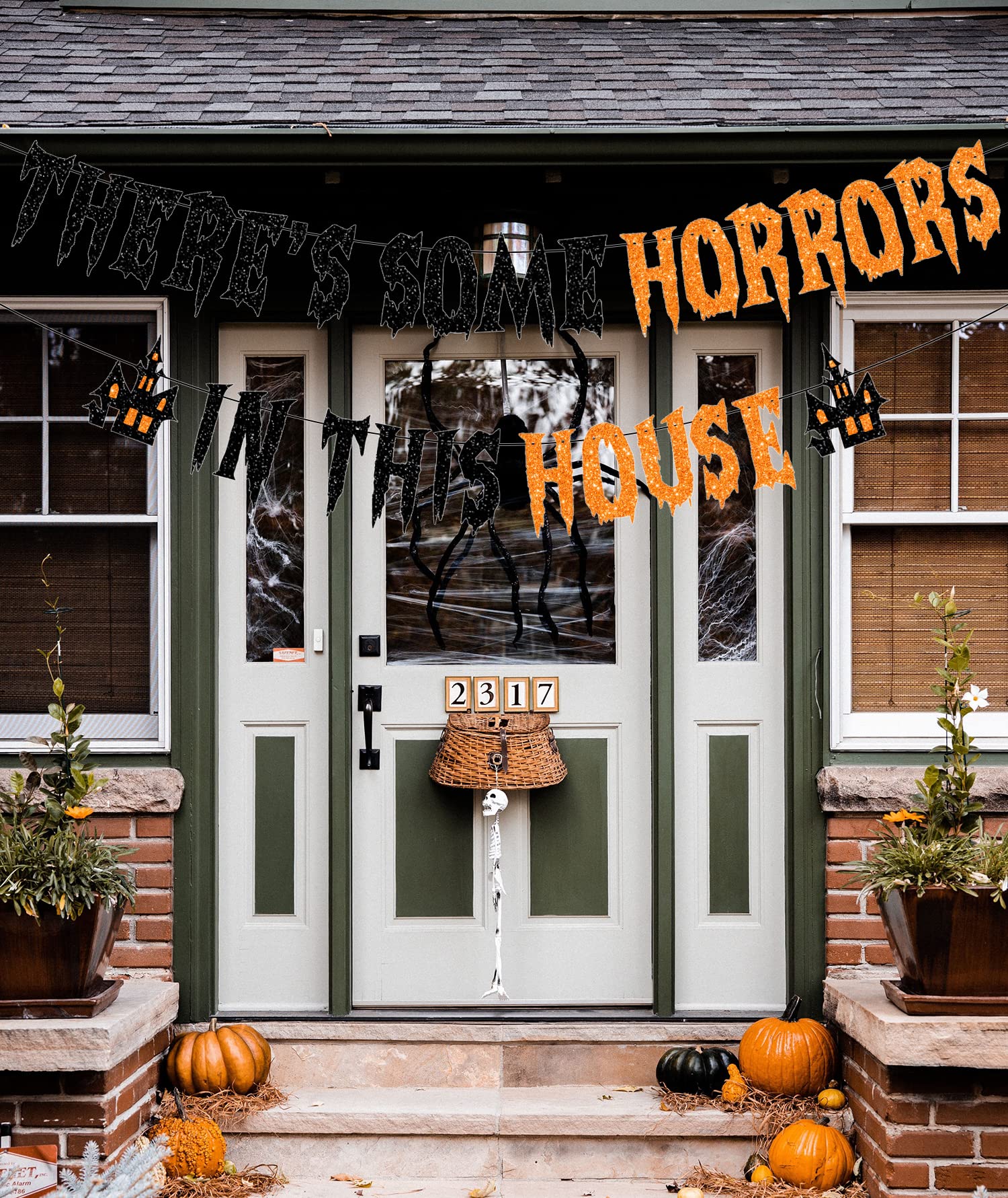 PTFNY There's Some Horrors In This House Banner Halloween Party Decorations Glittery Halloween Garland Banner with Haunted House Signs Halloween Circle Dots Banner for Haunted Houses Home Decorations