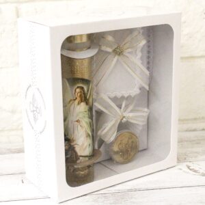 Beautiful Handmade 5pc. Angels with Kids Foil Baptism Christening Shells Candle Set Favors Girl Boy White Set de Bautizo Espanol Nina Nino Baptism Communion Lace Gift Box