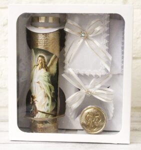 beautiful handmade 5pc. angels with kids foil baptism christening shells candle set favors girl boy white set de bautizo espanol nina nino baptism communion lace gift box