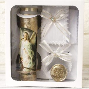 Beautiful Handmade 5pc. Angels with Kids Foil Baptism Christening Shells Candle Set Favors Girl Boy White Set de Bautizo Espanol Nina Nino Baptism Communion Lace Gift Box