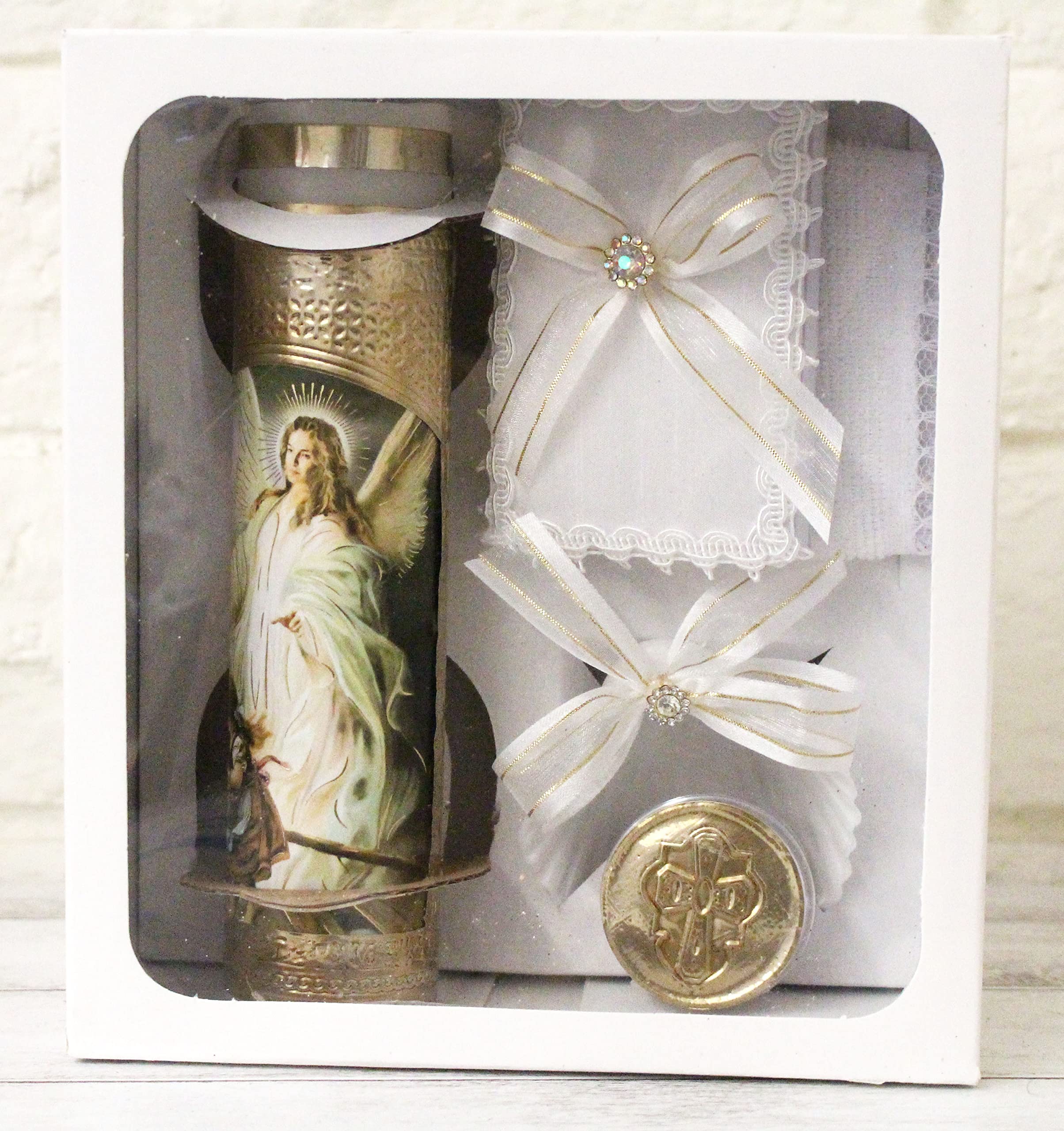 Beautiful Handmade 5pc. Angels with Kids Foil Baptism Christening Shells Candle Set Favors Girl Boy White Set de Bautizo Espanol Nina Nino Baptism Communion Lace Gift Box