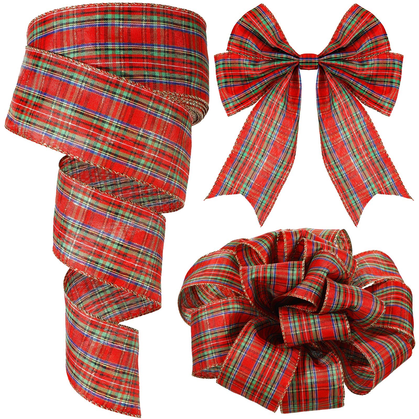 Yinder Plaid Christmas Wired Ribbon 2.5 Inches 50 Yard Traditional Red Tartan Plaid Christmas Holiday Ribbon Green Red Gold Plaid with Gold Edge for Garland Home Decor Gift Wrapping DIY Crafts