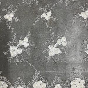 Andrea Ivory 3D Floral Matte Corded Embroidery on Mesh Lace Fabric by The Yard - 10016