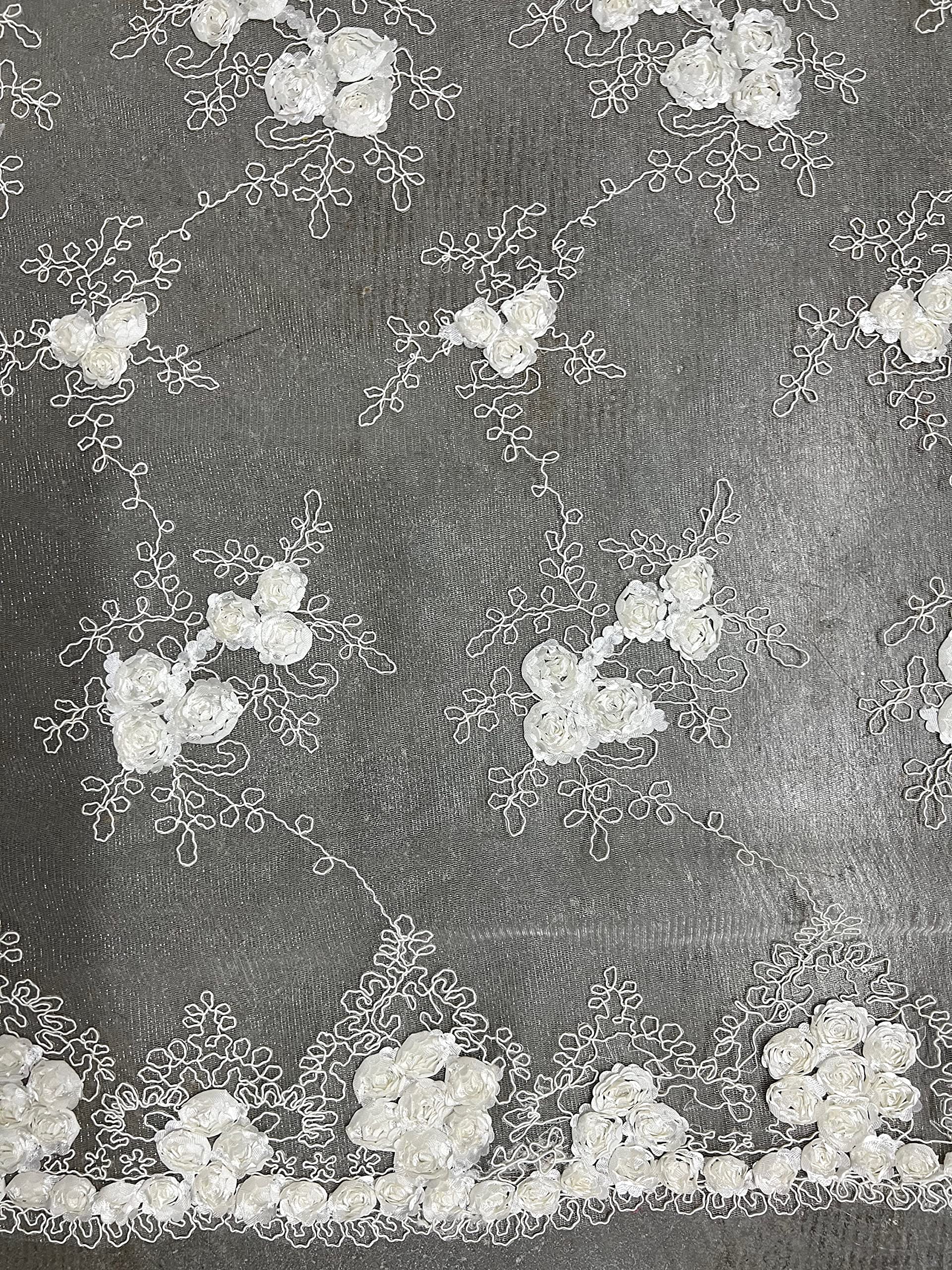 Andrea Ivory 3D Floral Matte Corded Embroidery on Mesh Lace Fabric by The Yard - 10016