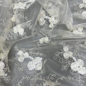 Andrea Ivory 3D Floral Matte Corded Embroidery on Mesh Lace Fabric by The Yard - 10016