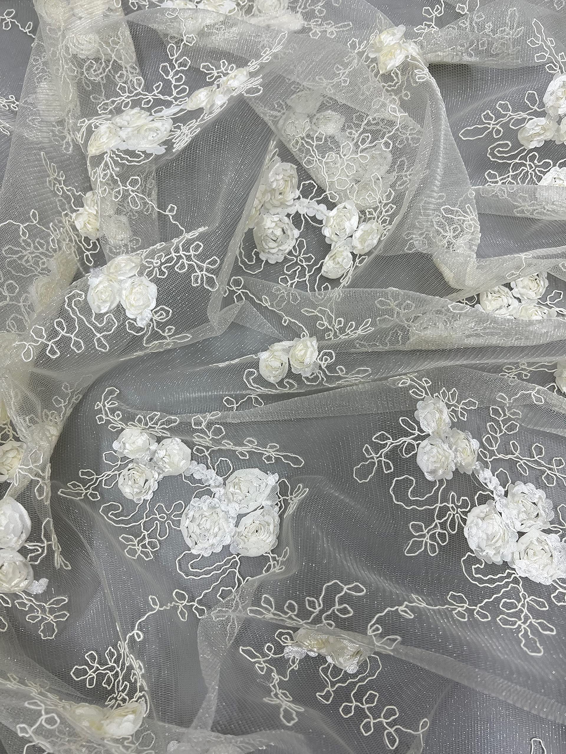 Andrea Ivory 3D Floral Matte Corded Embroidery on Mesh Lace Fabric by The Yard - 10016