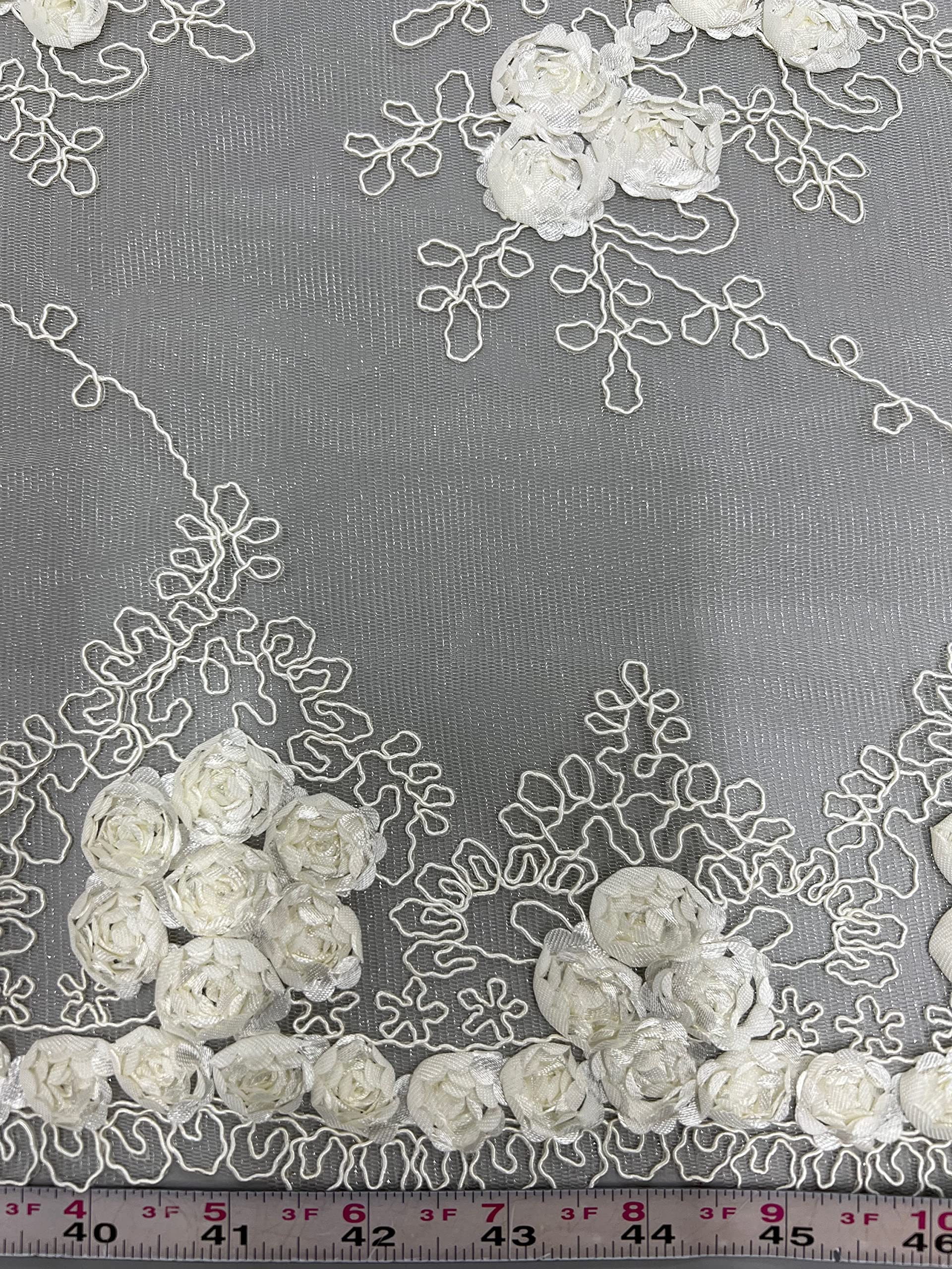 Andrea Ivory 3D Floral Matte Corded Embroidery on Mesh Lace Fabric by The Yard - 10016