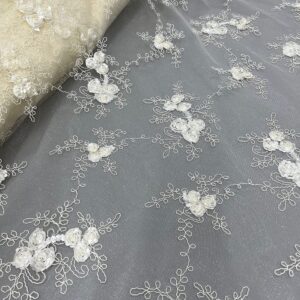 Andrea Ivory 3D Floral Matte Corded Embroidery on Mesh Lace Fabric by The Yard - 10016