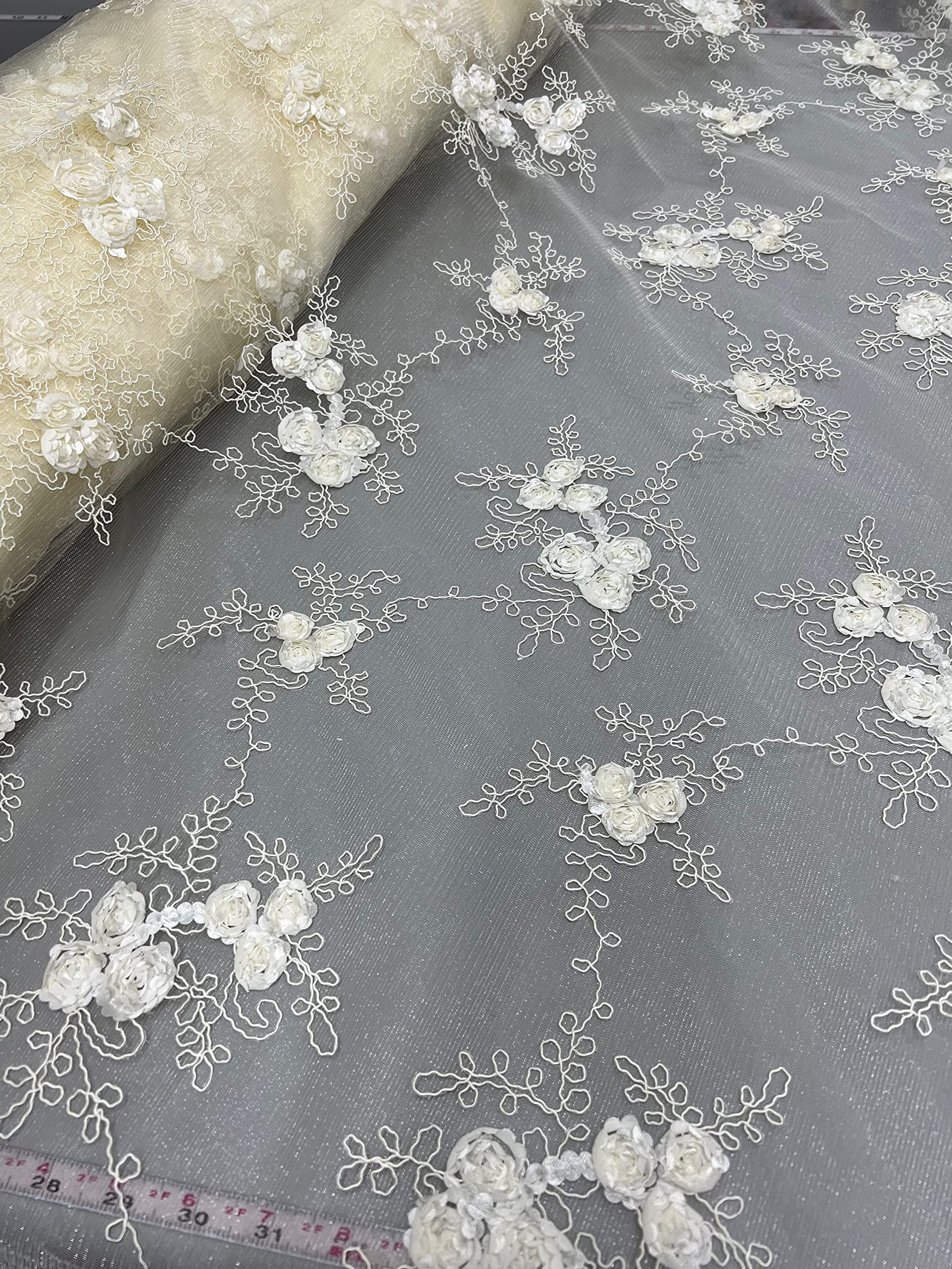 Andrea Ivory 3D Floral Matte Corded Embroidery on Mesh Lace Fabric by The Yard - 10016