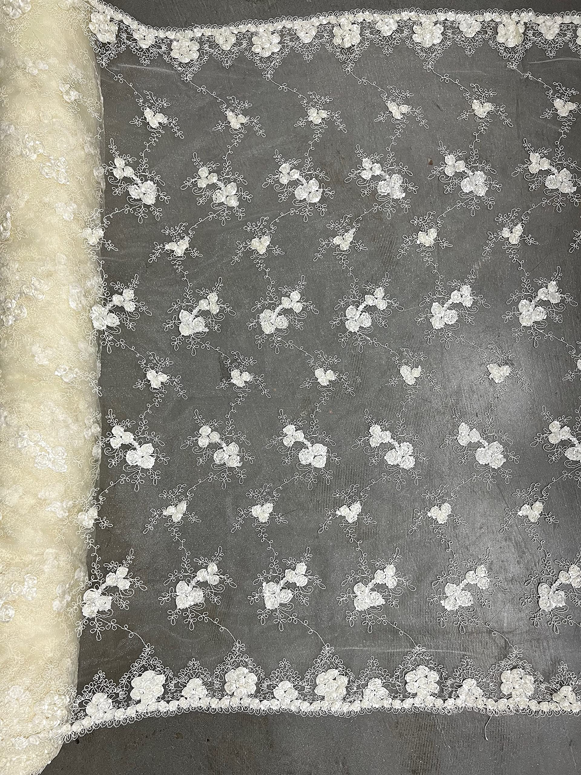 Andrea Ivory 3D Floral Matte Corded Embroidery on Mesh Lace Fabric by The Yard - 10016