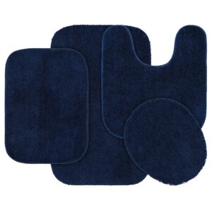 Garland Rug Traditional Washable Bath Rug Set, 4 Piece (Toilet Seat Cover,Contour Rug, 21" x34', 17"x24" Bath Rugs) Navy