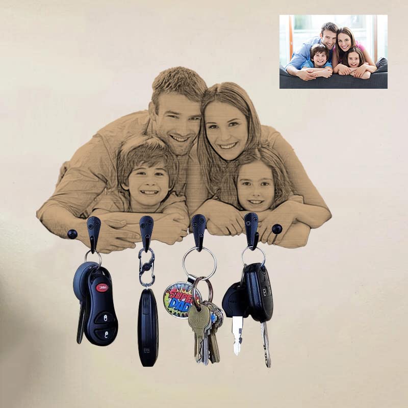 Personalized Photo Wooden Key Holder for Decorative Custom Key Rack Hanger for Wall with 4 Hooks for Keychain Rustic Home Decor Presonalized Gifts for Family Birthday Christmas Day