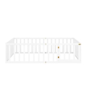 Harper & Bright Designs Queen Floor Bed for Kids, Montessori Bed Frame with Guardrails and Door, Wooden Floor Queen Bed for Kids, Boys Girls(Queen Size, White)