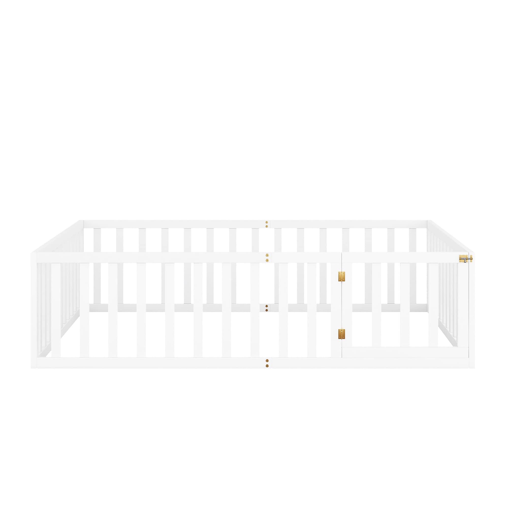 Harper & Bright Designs Queen Floor Bed for Kids, Montessori Bed Frame with Guardrails and Door, Wooden Floor Queen Bed for Kids, Boys Girls(Queen Size, White)