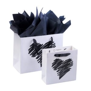 ysmile Small Gift Bag with Tissue Paper for Girl Women Mother Boy Father Birthday Party Baby Shower Valentine 7.8" - White Black Heart