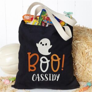 Personalization Universe Boo! Personalized Tote Bag, 100% Cotton, Reusable Grocery Bag, Trick or Treat Bag, Halloween Themed, Ideal for Halloween Candy, Bulk Shopping