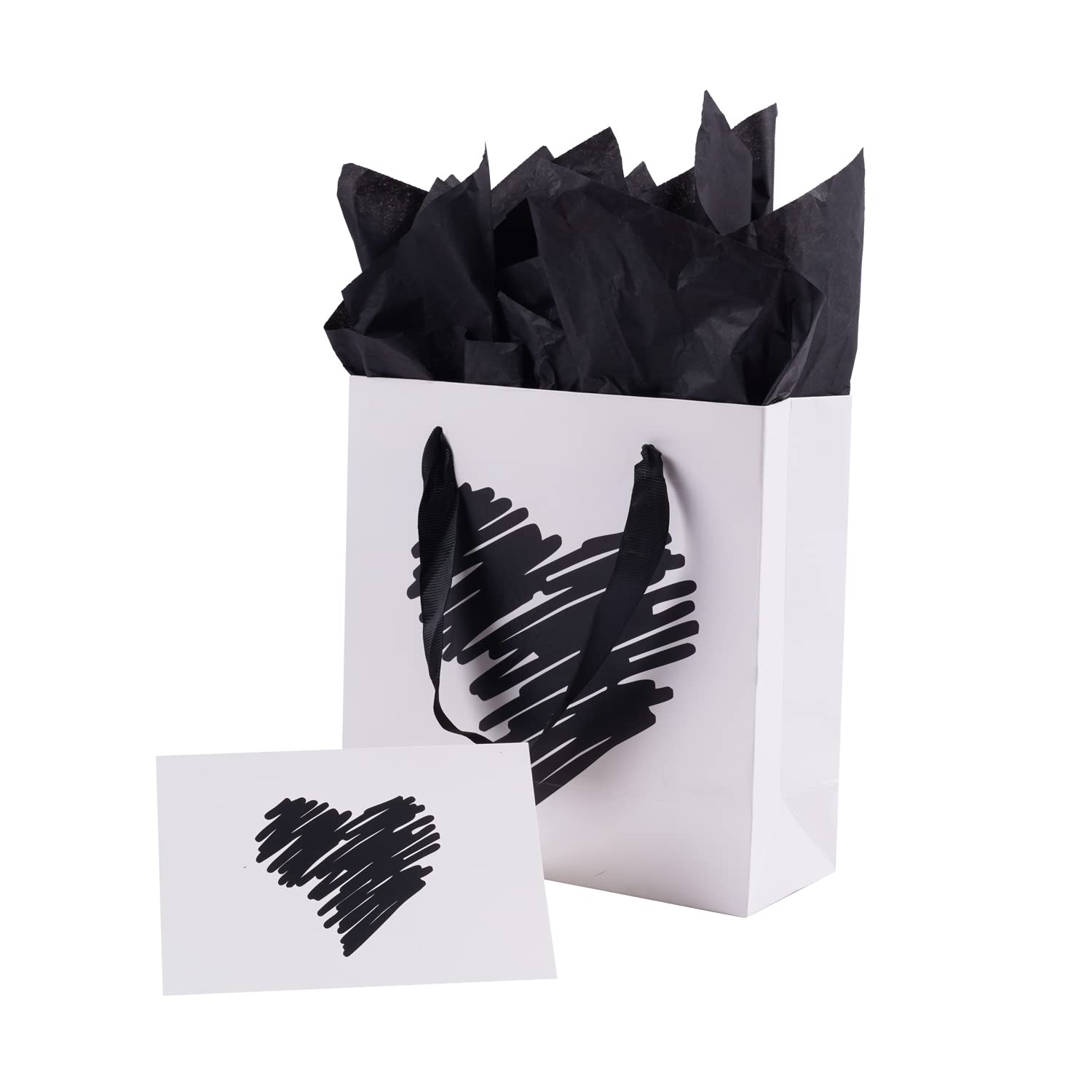 ysmile Small Gift Bag with Tissue Paper for Girl Women Mother Boy Father Birthday Party Baby Shower Valentine 7.8" - White Black Heart