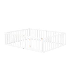 Harper & Bright Designs Queen Floor Bed for Kids, Montessori Bed Frame with Guardrails and Door, Wooden Floor Queen Bed for Kids, Boys Girls(Queen Size, White)