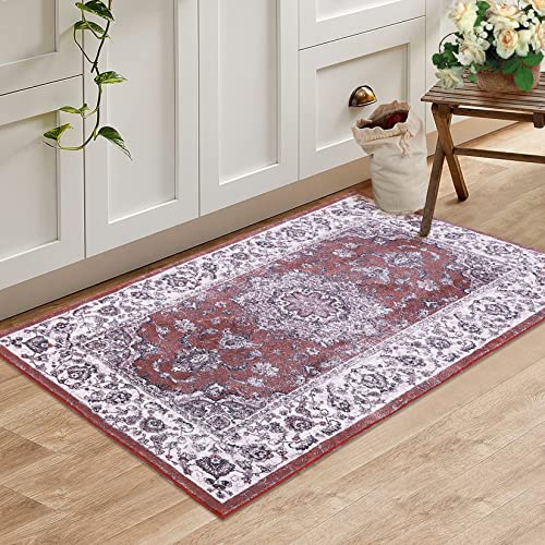 CAROMIO Entryway Small Area Rug Waterproof Non-Shedding Medallion Area Rug Low-Pile Distressed Carpet Machine Washable Rug for Hallway Dining Room, 2' x 3' Red