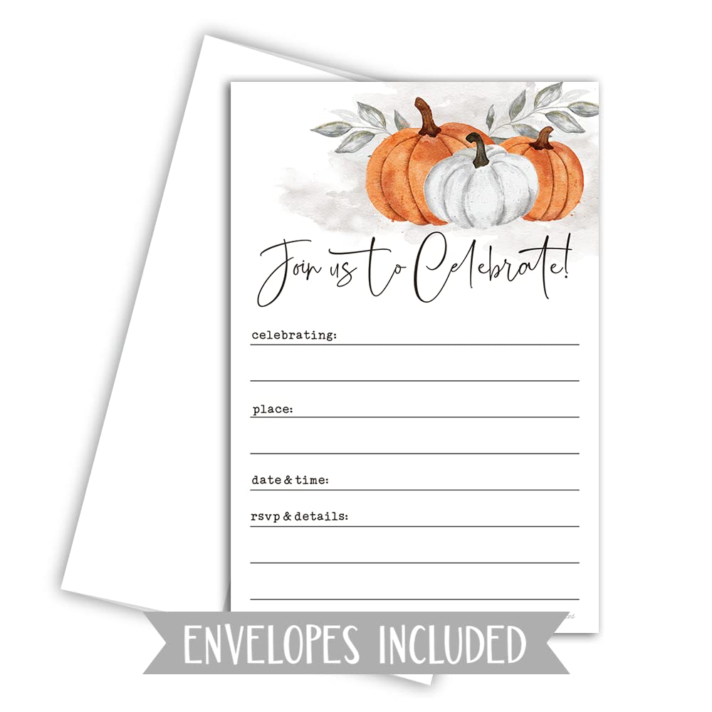 Fall Invitations Watercolor Pumpkins - (20 Count) 4x6 Invitations With Envelopes | Bridal Shower, Fall Wedding, Baby Shower, Anniversary, Engagement, Autumn Themed Invites