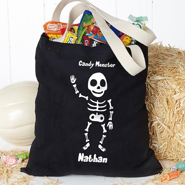 Personalization Universe Glow-In-The-Dark Skeleton Halloween Treat Bag, Customizable Kids' Tote Bag for Trick or Treating, Reusable Cotton Shoulder Bag