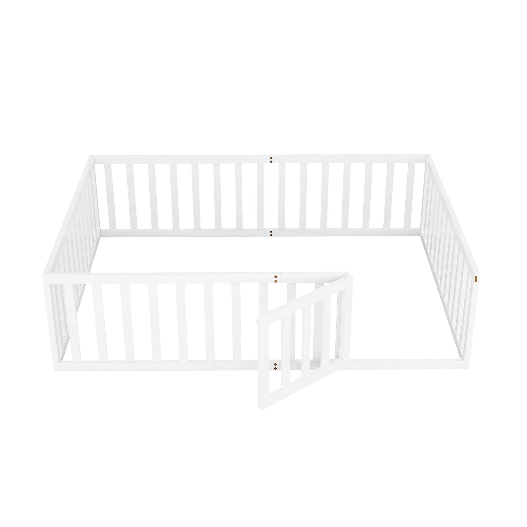 Harper & Bright Designs Queen Floor Bed for Kids, Montessori Bed Frame with Guardrails and Door, Wooden Floor Queen Bed for Kids, Boys Girls(Queen Size, White)