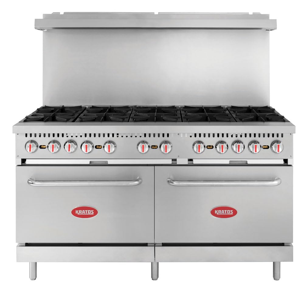 Kratos Commercial Gas Range and Oven - 10 Burners and 2 Full Sized Ovens, Liquid Propane Powered, 360,000 Total BTU Output, 60"W, (29Y-045-LP)