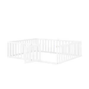 Harper & Bright Designs Queen Floor Bed for Kids, Montessori Bed Frame with Guardrails and Door, Wooden Floor Queen Bed for Kids, Boys Girls(Queen Size, White)