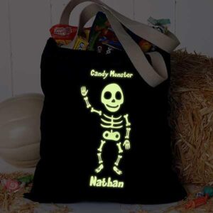 Personalization Universe Glow-In-The-Dark Skeleton Halloween Treat Bag, Customizable Kids' Tote Bag for Trick or Treating, Reusable Cotton Shoulder Bag