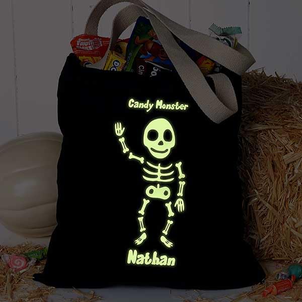 Personalization Universe Glow-In-The-Dark Skeleton Halloween Treat Bag, Customizable Kids' Tote Bag for Trick or Treating, Reusable Cotton Shoulder Bag