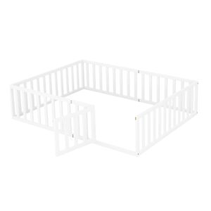 Harper & Bright Designs Queen Floor Bed for Kids, Montessori Bed Frame with Guardrails and Door, Wooden Floor Queen Bed for Kids, Boys Girls(Queen Size, White)