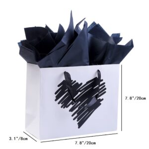 ysmile Small Gift Bag with Tissue Paper for Girl Women Mother Boy Father Birthday Party Baby Shower Valentine 7.8" - White Black Heart